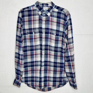 Old Navy Flannel Button Down Shirt Slim Fit Mens Size M Tall Blue White Plaid